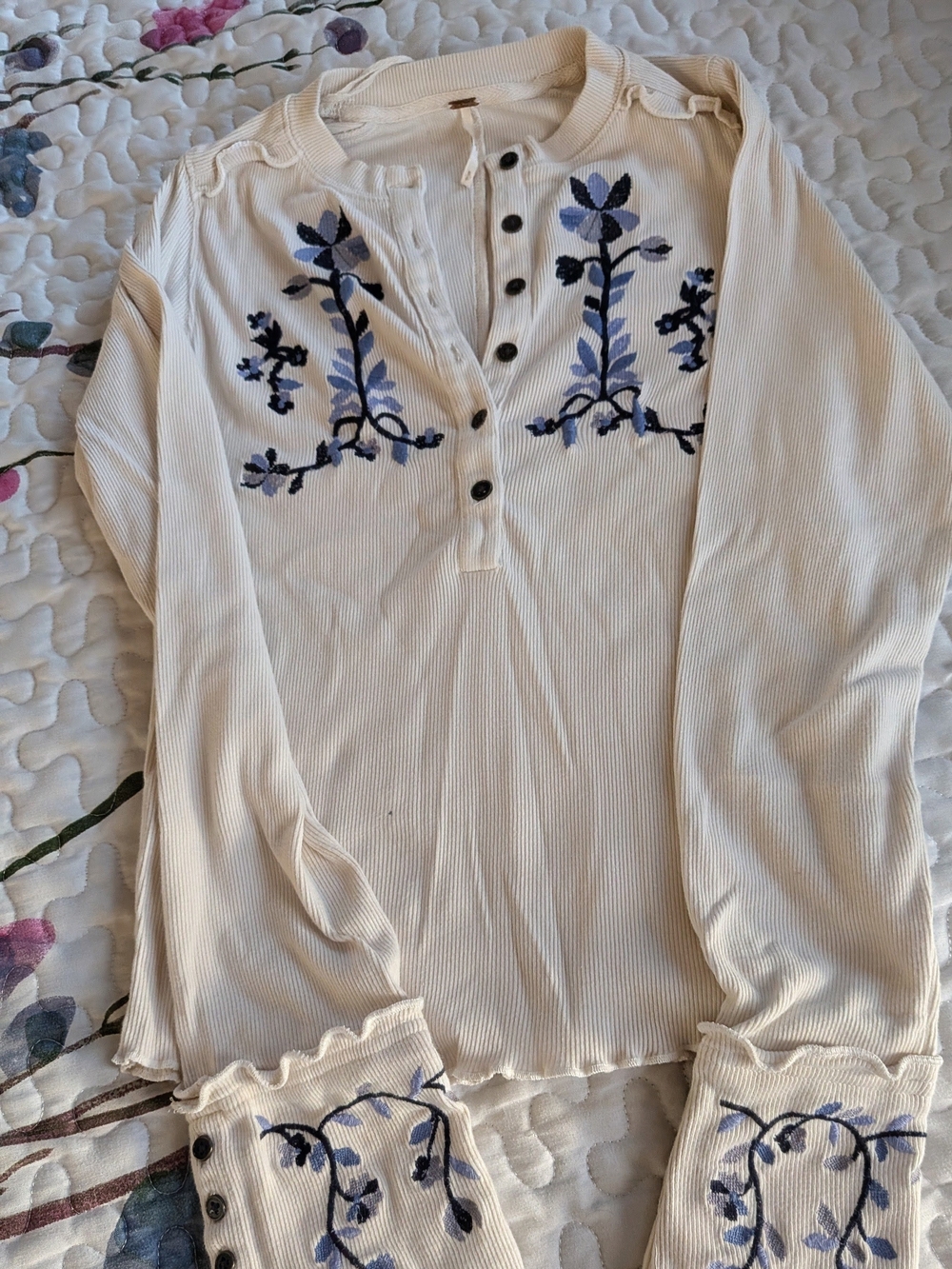 Free People Cream Ribbed Henley with Blue Floral Embroidery